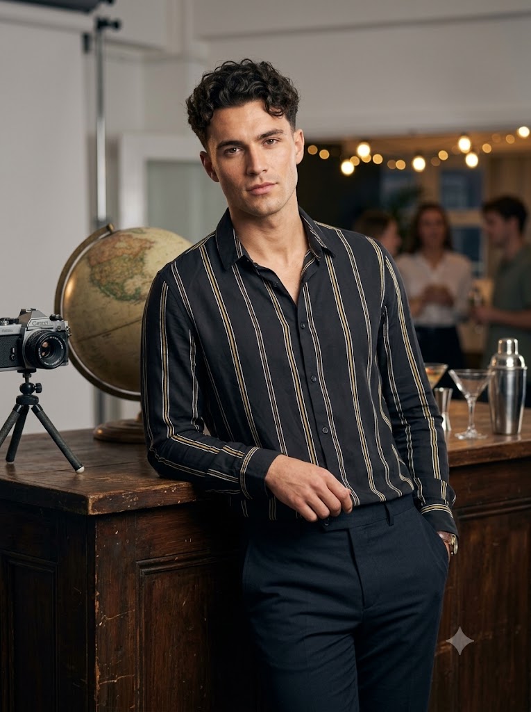 New Look Men's Black Vertical Stripe Long Sleeve Shirt – Size S (Chest 89-94cm)