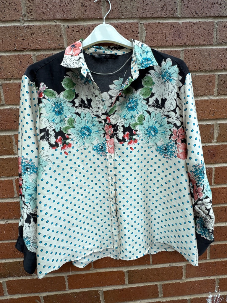Zara Basic Mixed Print Polka Dot & Floral Long Sleeve Blouse Size XL