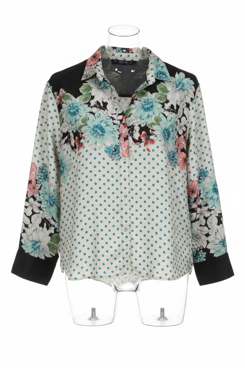 Zara Basic Mixed Print Polka Dot & Floral Long Sleeve Blouse Size XL