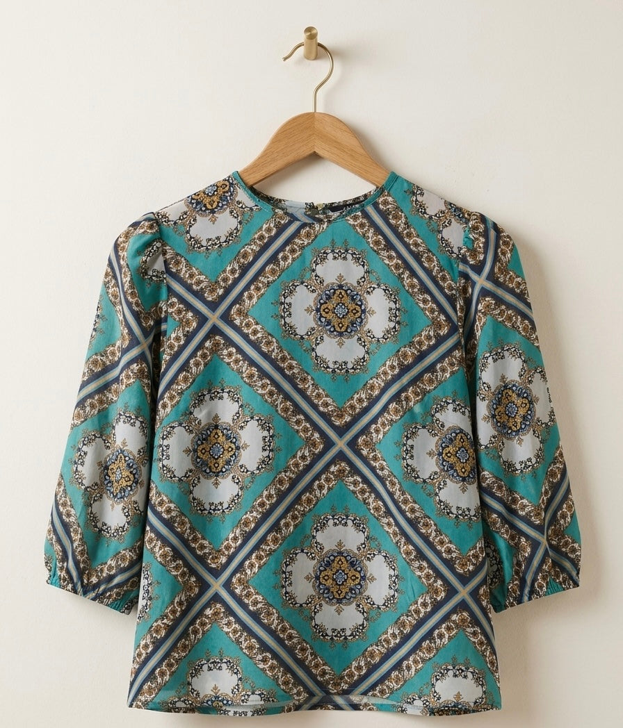 Atmosphere Scarf-Print Satin-Finish Blouse Size 20