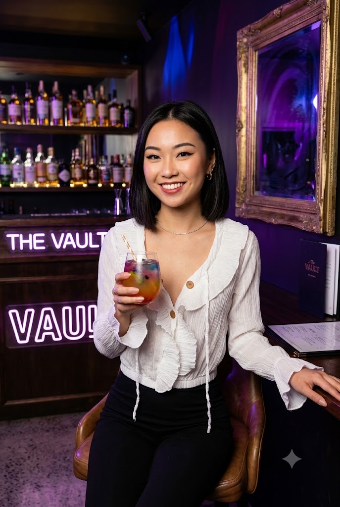 Woman holding a colourful drink in a bar with a Per Ka Nong crop-top on in white