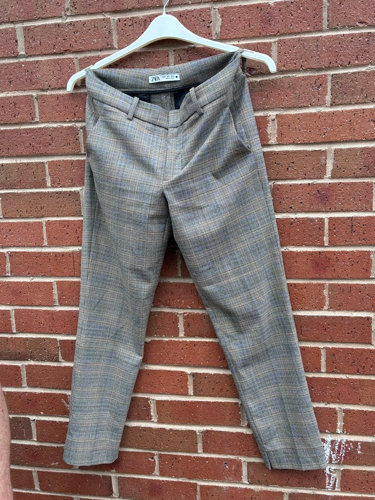 Zara Grey Plaid Checked Cigarette Trousers - Size 8