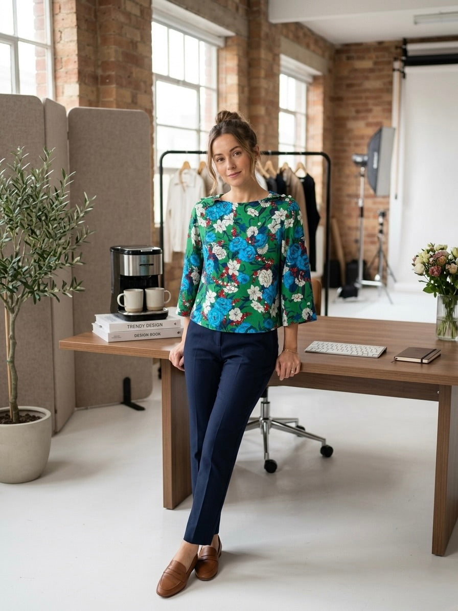 Zara Basic Green Floral Boat Neck Blouse with Pearl Details Size ES