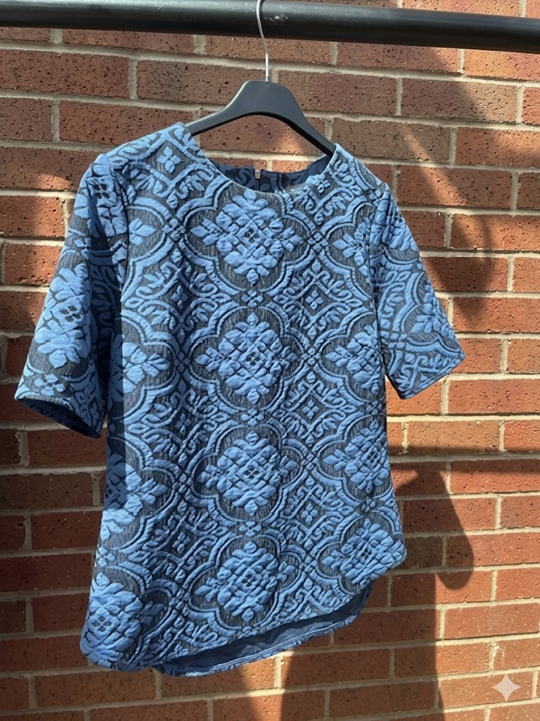 Warehouse Blue Jacquard Textured Top Size UK 12
