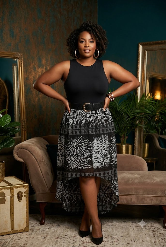 Woman in a stylish Beverly Drive skirt standing in an elegant room with decorative elements.