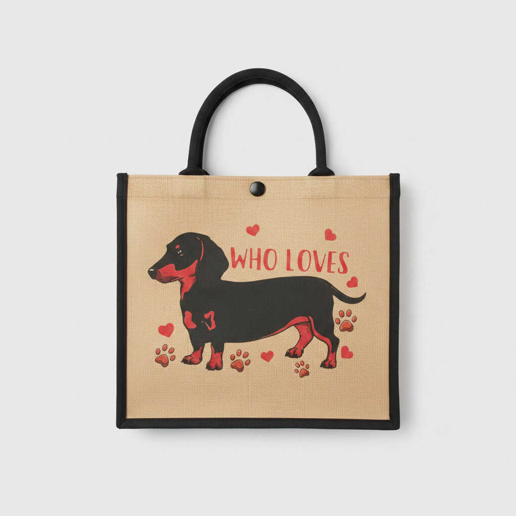 Jute bag with a dachshund design and text 'WHO LOVES' on a textured surface.