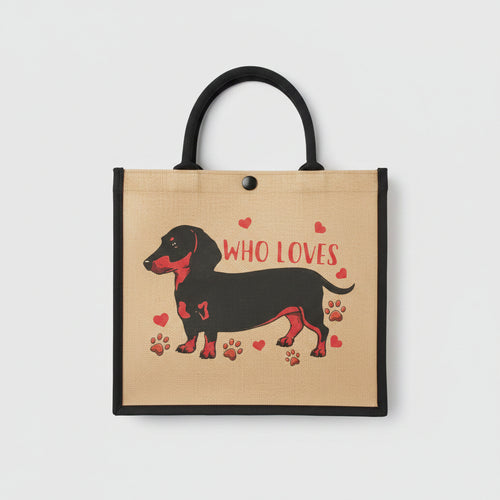 Jute bag with a dachshund design and text 'WHO LOVES' on a textured surface.