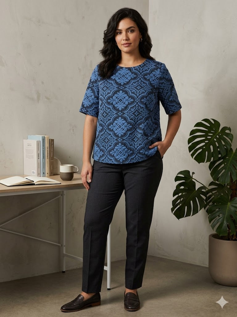 Warehouse Blue Jacquard Textured Top Size UK 12