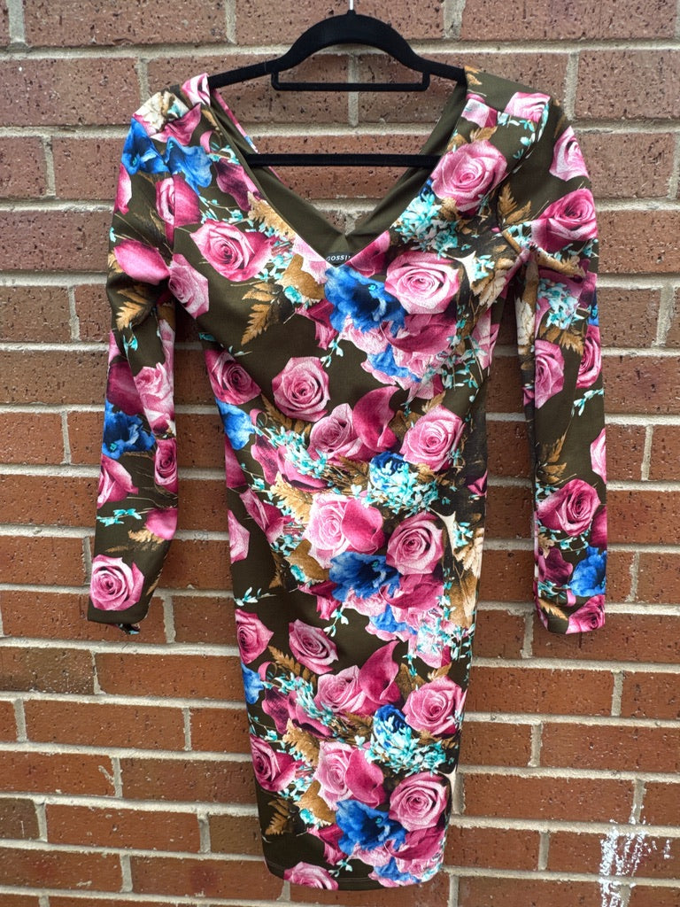 Gossip Floral V-Neck Long Sleeve Bodycon Dress Size M (UK 12/14)