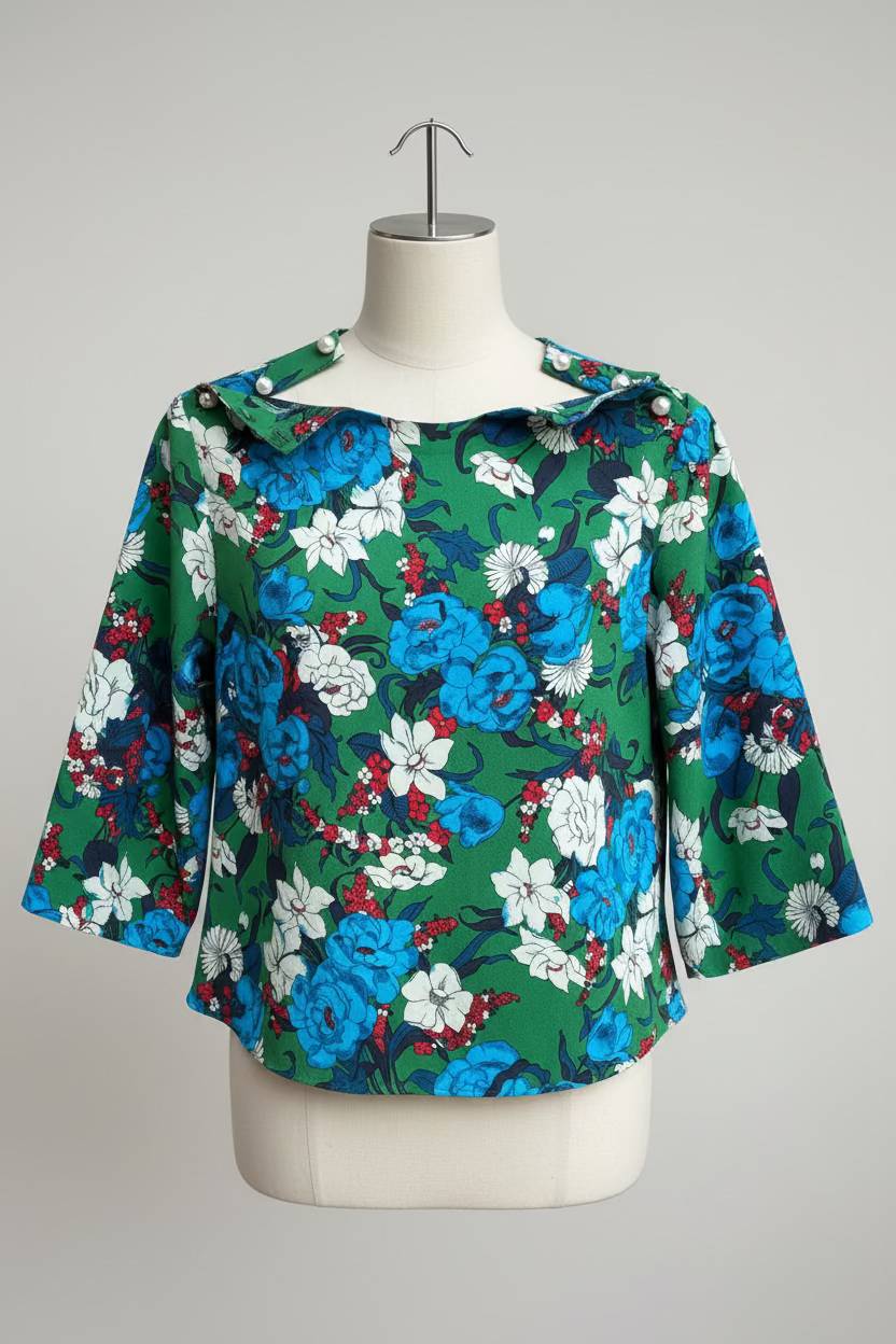 Zara Basic Green Floral Boat Neck Blouse with Pearl Details Size ES
