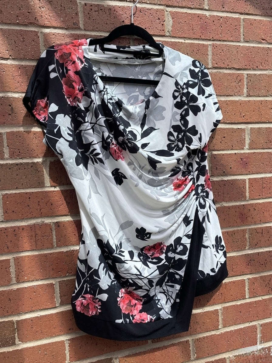 Wallis White Floral Wrap Over Cowl Neck Blouse Size UK 14