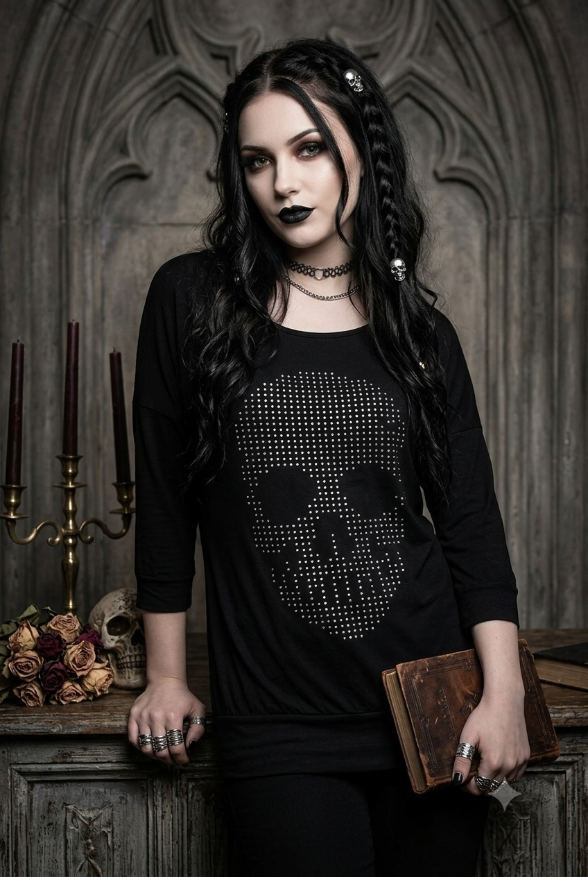 Woman wearing an EMP black shirt with a skull design in a gothic setting