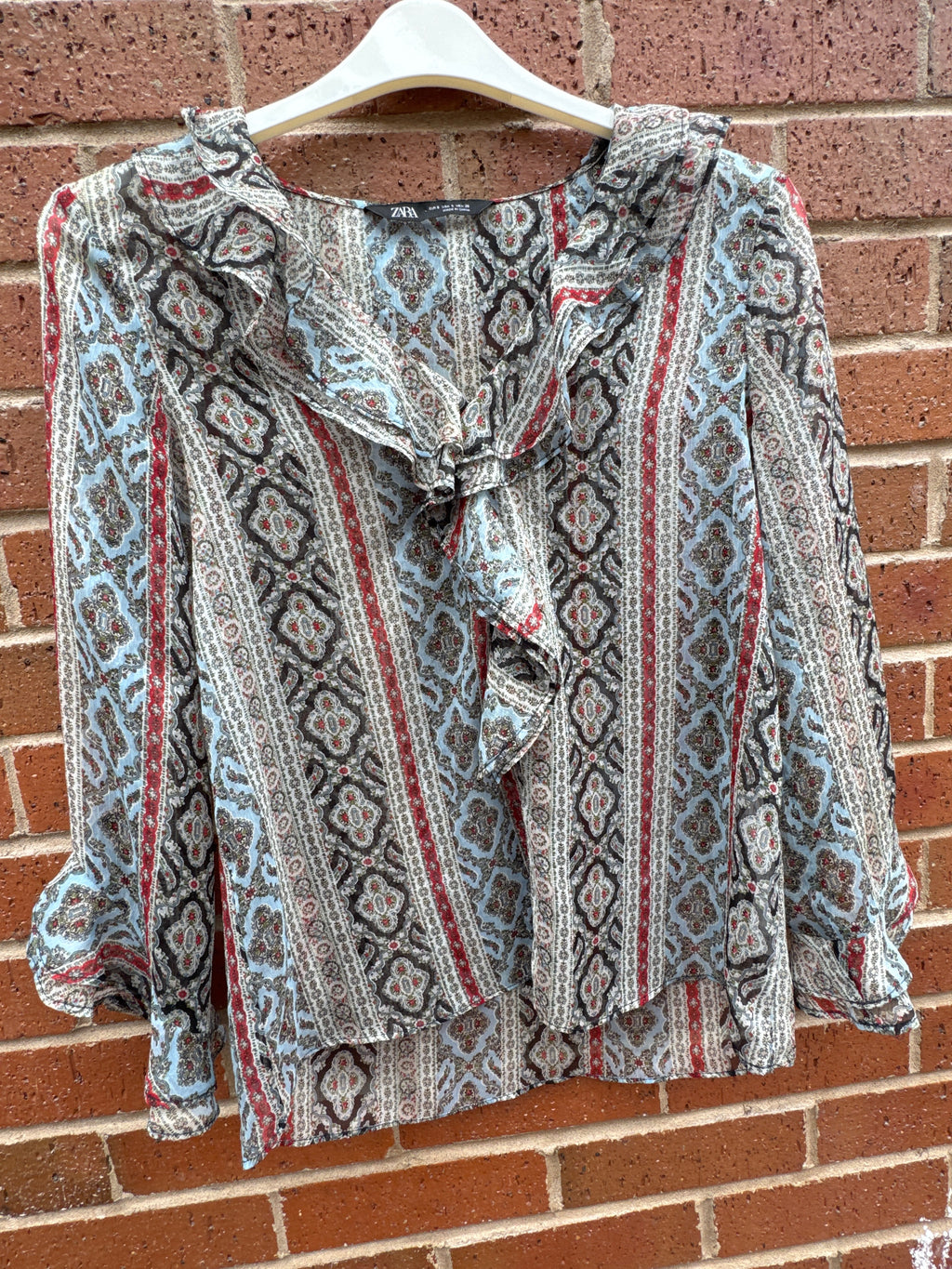 Zara 70s Boho Blue & Red Patterned Paisley Tunic Blouse - Size S