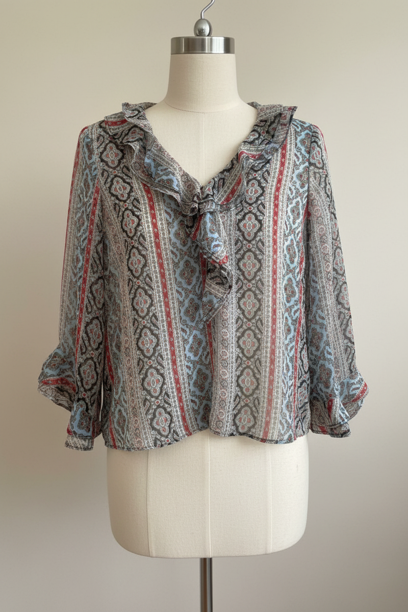 Zara 70s Boho Blue & Red Patterned Paisley Tunic Blouse - Size S