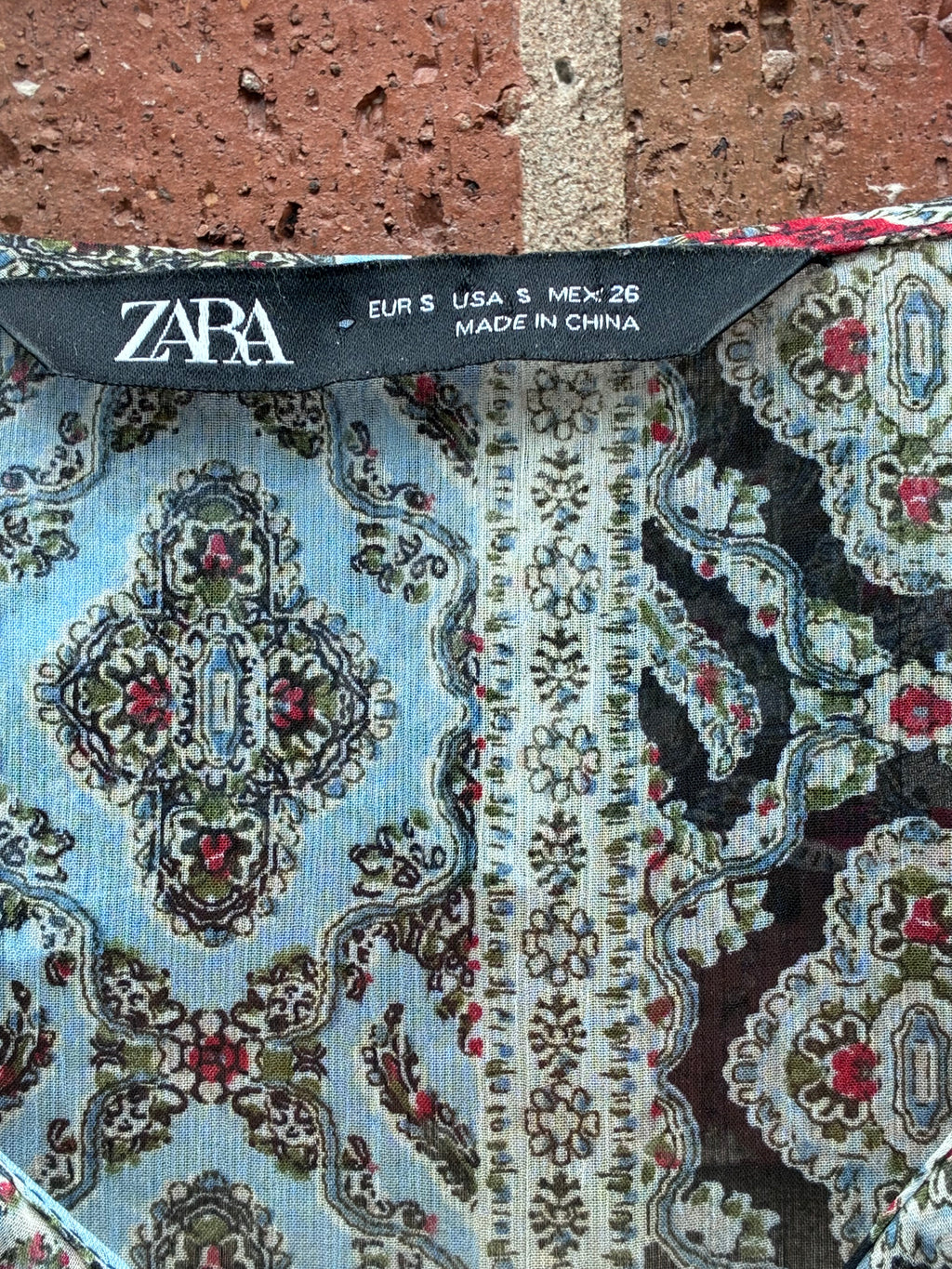 Zara 70s Boho Blue & Red Patterned Paisley Tunic Blouse - Size S