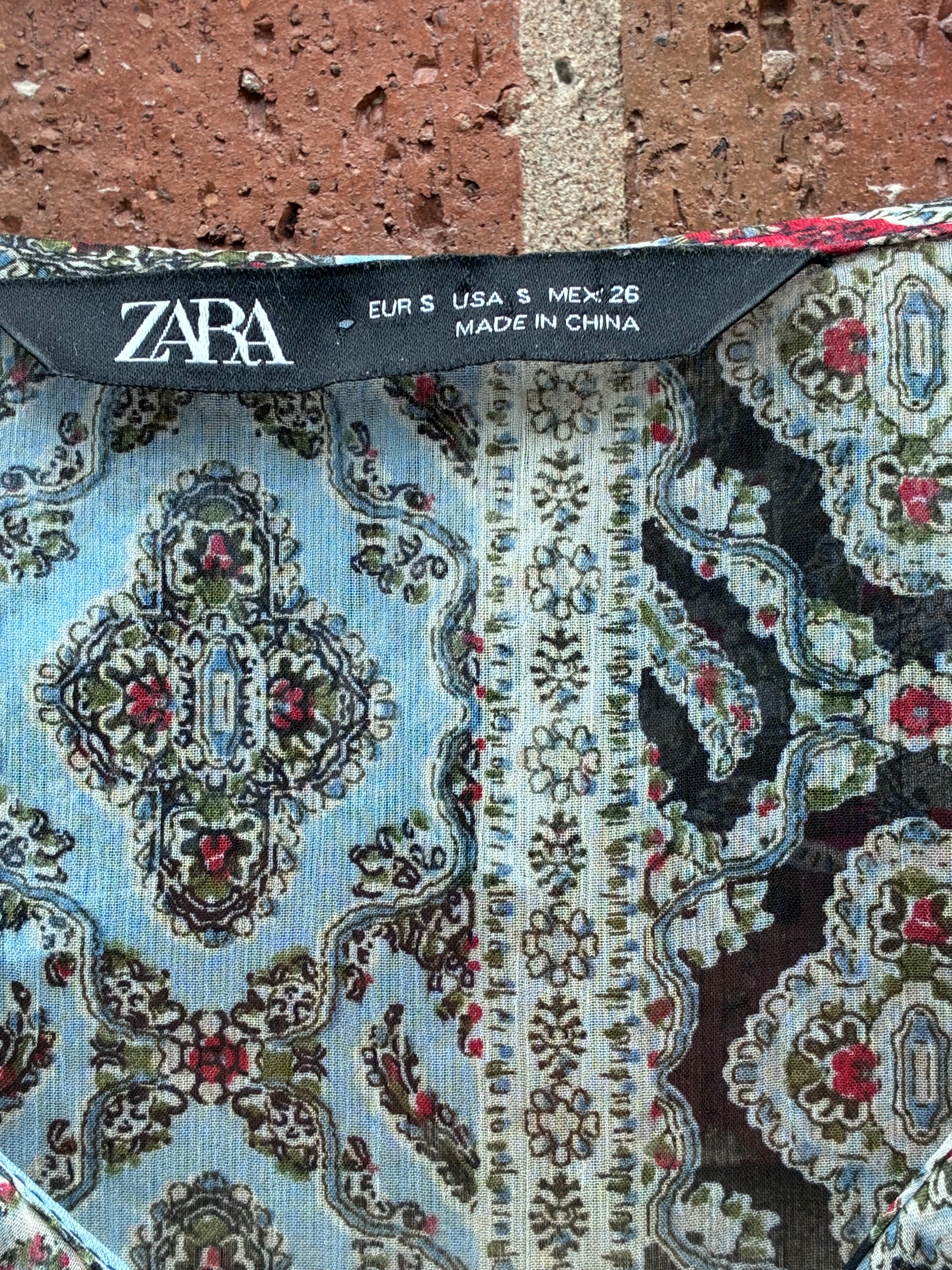 Zara 70s Boho Blue & Red Patterned Paisley Tunic Blouse - Size S