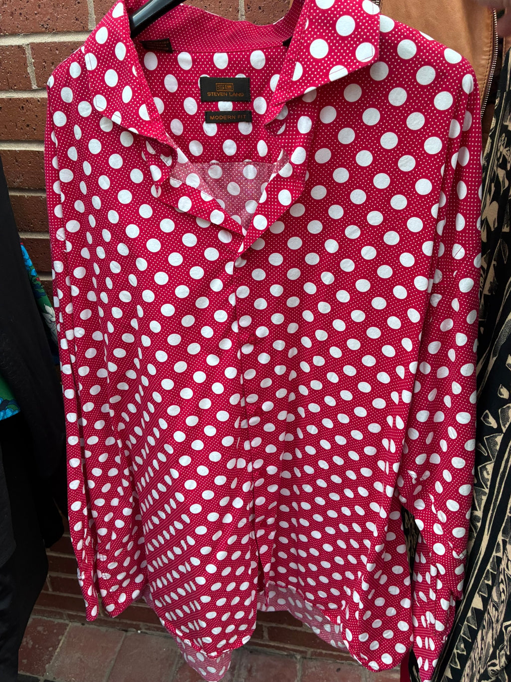 Steven Land "Modern Fit" Big & Tall Red Polka Dot Dress Shirt Size 36/37 Sleeve