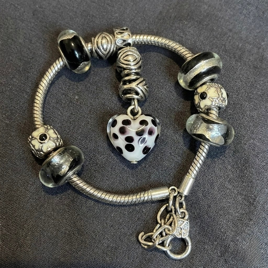 Vintage Style Silver Charm Bracelet with Black & White Glass Murano Beads