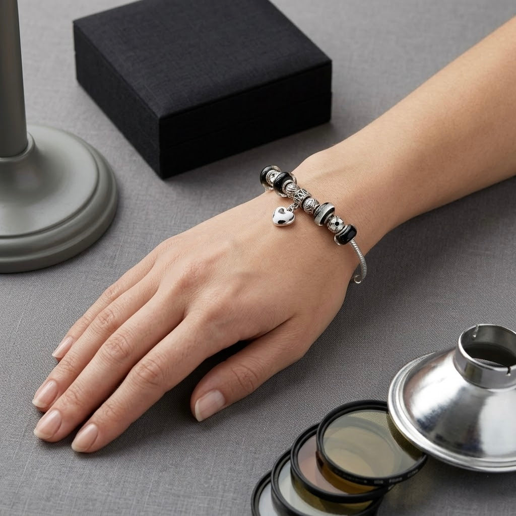 Vintage Style Silver Charm Bracelet with Black & White Glass Murano Beads