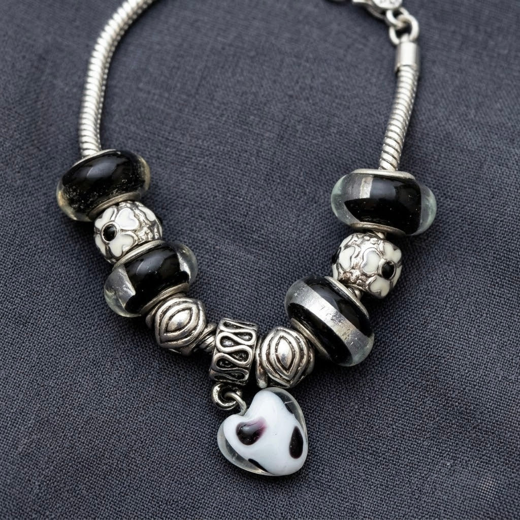 Vintage Style Silver Charm Bracelet with Black & White Glass Murano Beads