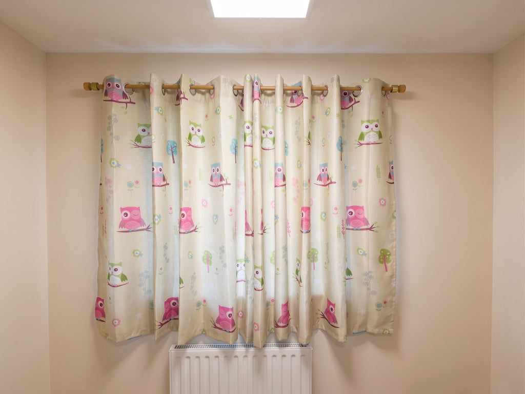 Children's Cartoon Owl Blackout Eyelet Curtains Set (160cm W x 138cm D) – Includes Matching Tie-Backs & Cushion Cover