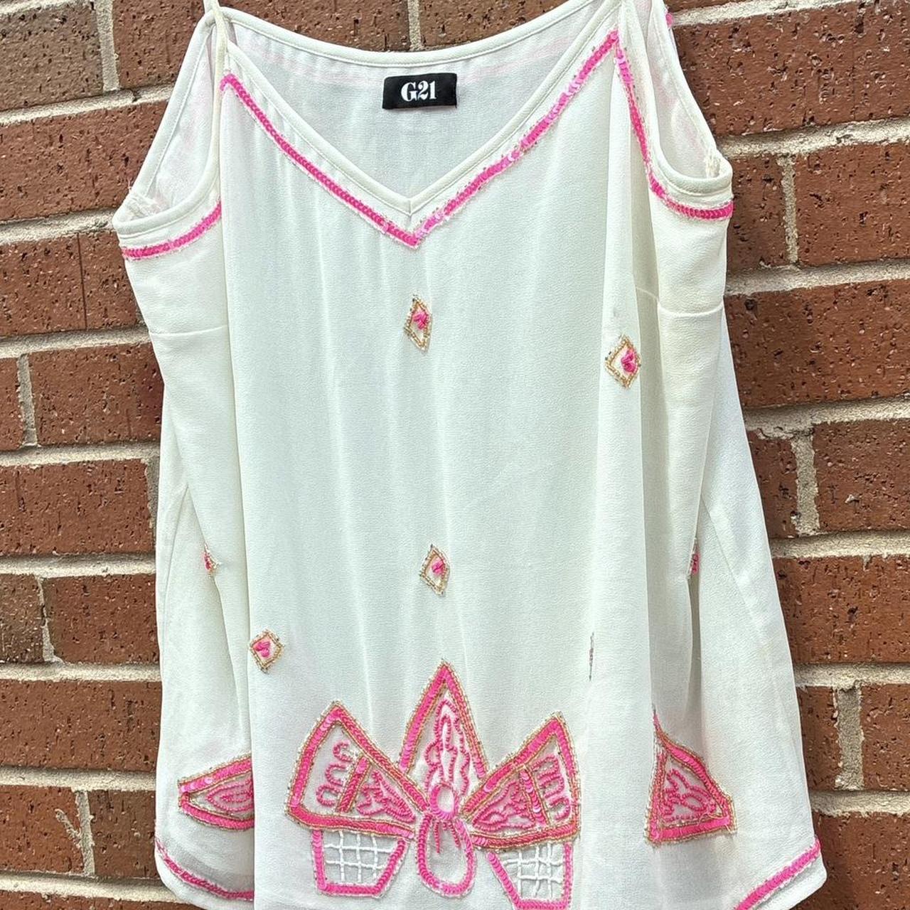 G21 Cream Embellished Cami Top with Pink & Gold Beadwork - Size S