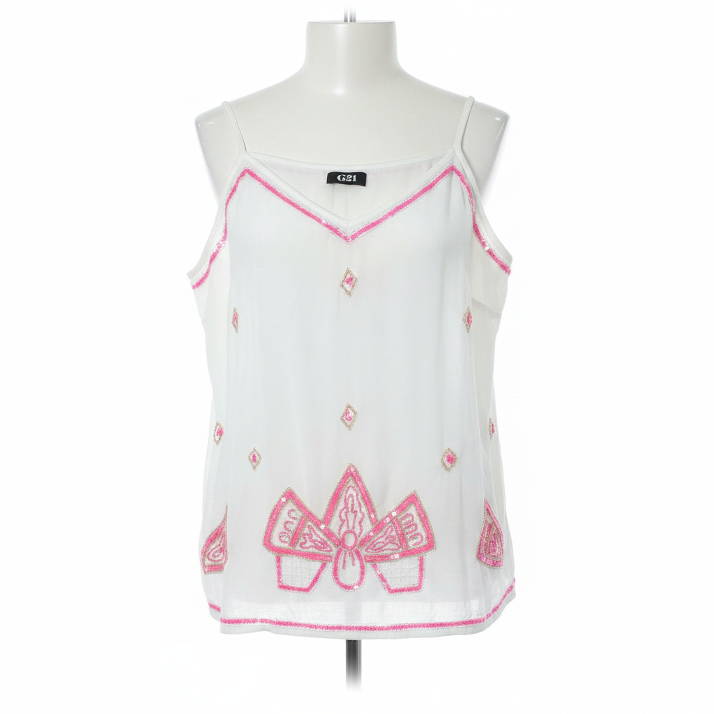 G21 Cream Embellished Cami Top with Pink & Gold Beadwork - Size S