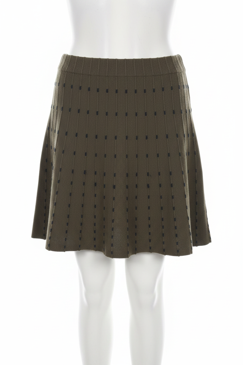 Zara Khaki Olive Green Pleated Knit Mini Skirt with Black Polka Dot Detail - Size L