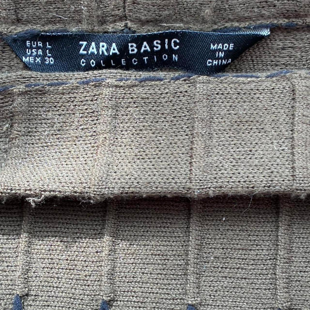 Zara Khaki Olive Green Pleated Knit Mini Skirt with Black Polka Dot Detail - Size L