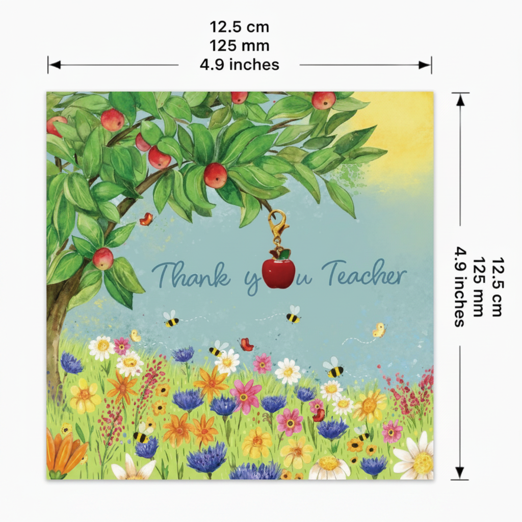 Greeting card with apple tree and flowers, featuring 'Thank you Teacher' text, with Twizler branding.