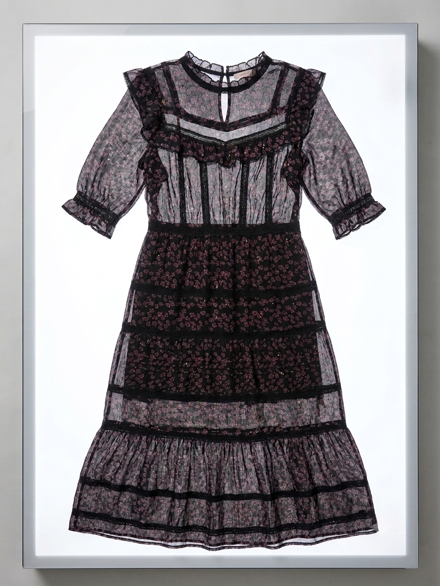 Topshop Sheer Floral Tiered Maxi Dress with Lace Inserts & Gold Flecks UK 12